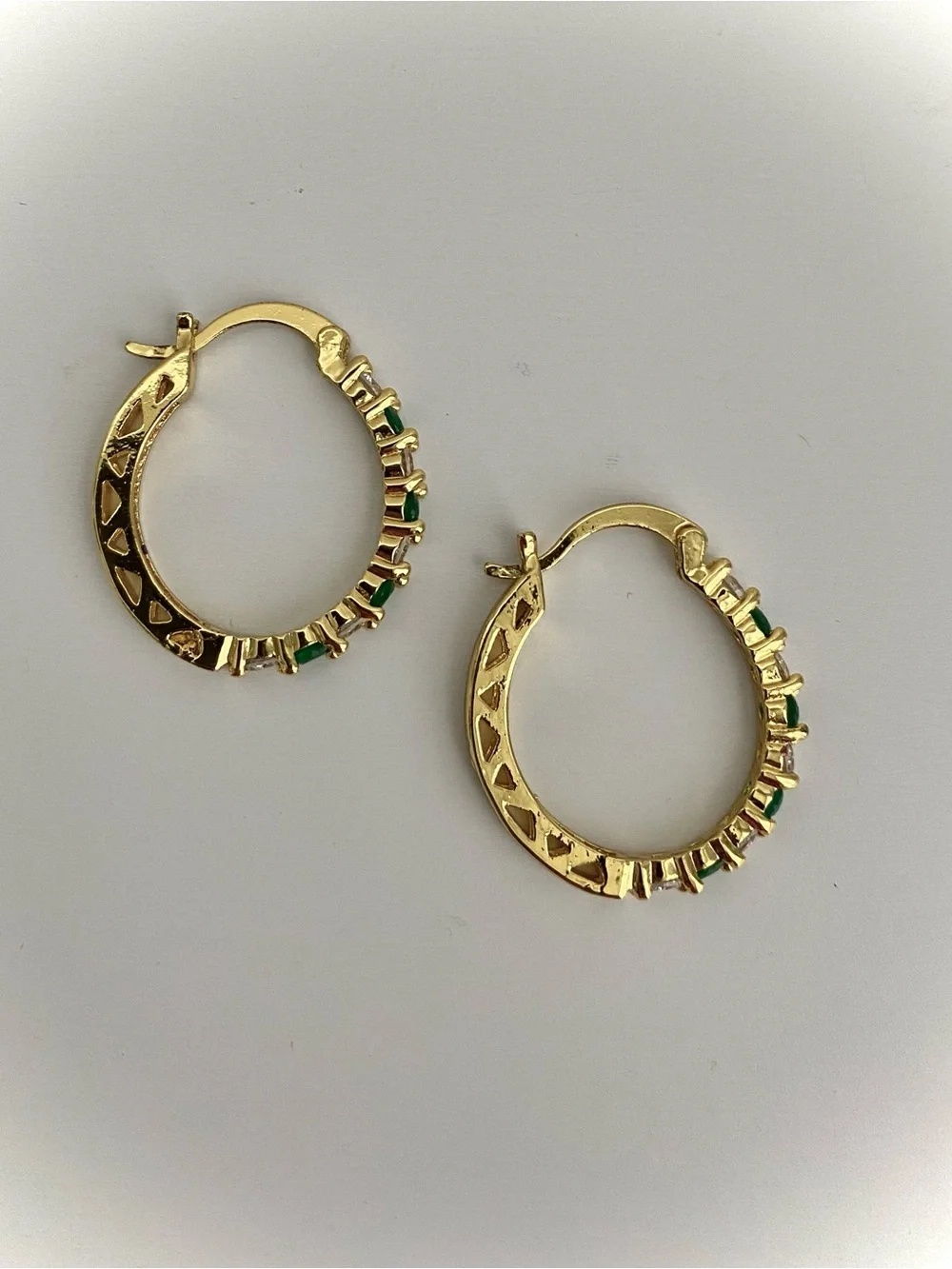 Emerald Green and White CZs in Gold Tone Hoop Earrings